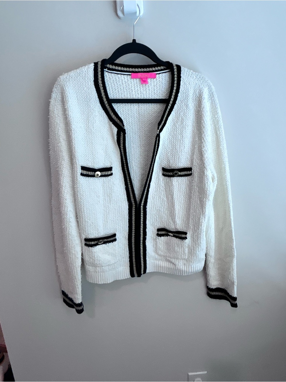 Lilly Pulitzer Ivory Knit Cardigan with Black Trim EUC size XL